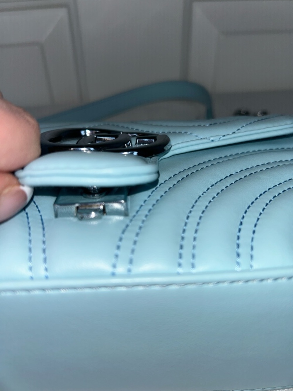 Light Blue Chevron Quilted Shoulder Bag with Silver Hardware and Dust Bag - Picture 6 of 13